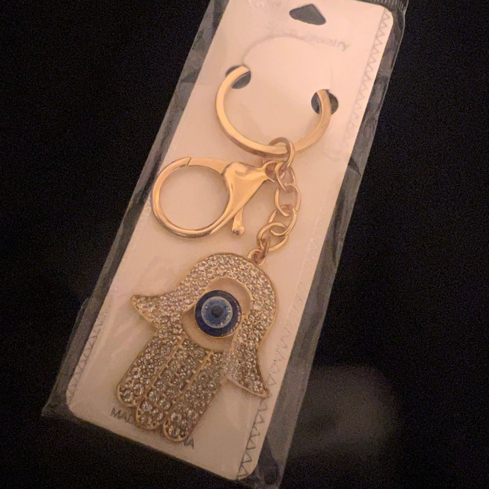 Gold Hamsa Hand Keychain with Evil Eye Charm